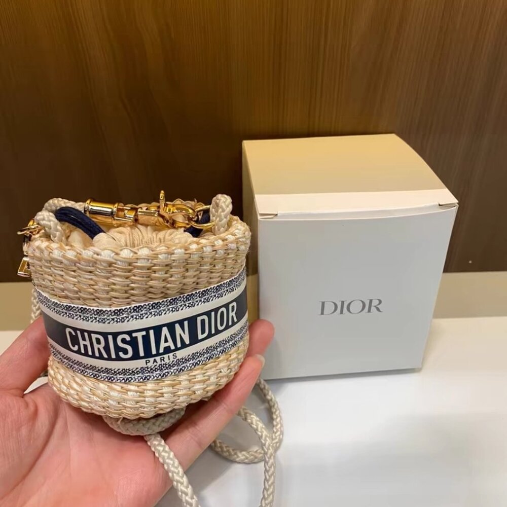 Dior Cream Straw Mini Basket Bag with Navy Logo Band